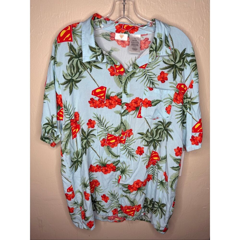 Superman DC Comics Hawaiian Button Front Shirt Tropical Palm Trees Rayon Men's L